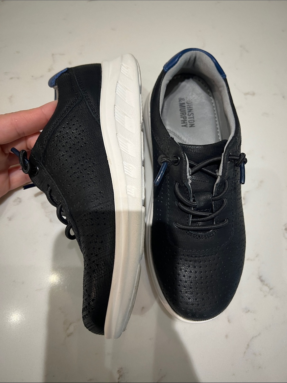 Johnston & Murphy Black Perforated Slip-On Sneakers with White Sole